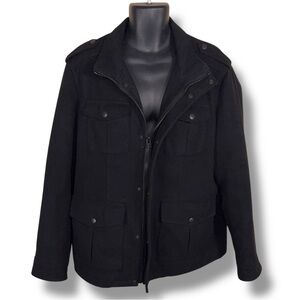 Large Dockers Black Wool Cargo Coat Pockets Mens Lined Zip Closure Classic Goth